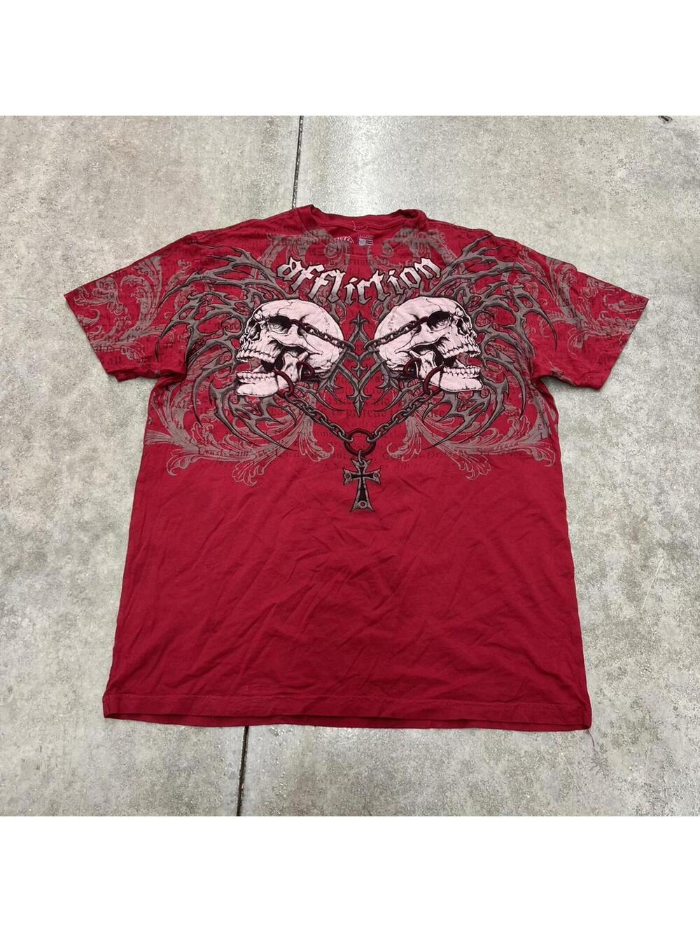 vintage affliction skull cross tribal print red shirt size xl